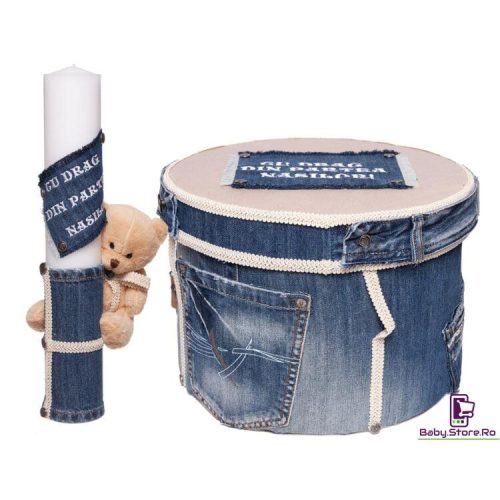 Set Botez Trusou, Cufar si Lumanare Denim